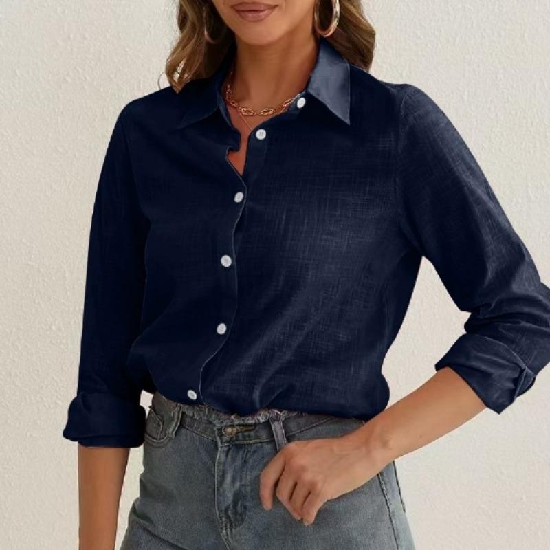 

Европа и США 2025 новая рубашка простая свободная блузка с длинным рукавом модный отложной воротник повседневная женская одежда для работы XXL тёмно-синий