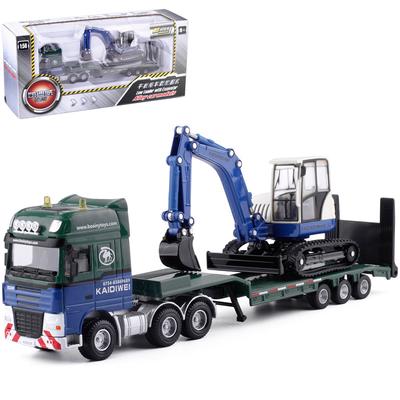 150 Flatbed Trailer with Bulldozer Semi-Trailer Alloy Engineering Car Model Toys Car for Boy Birthday Gift