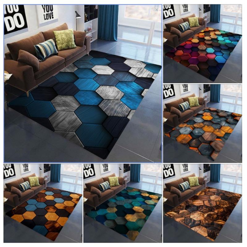 Modern Hexagon Patchwork Carpet Mat Rug Colorful Wooden Texture Non-Slip Printing Floor Living Room Bedroom Home Decoration