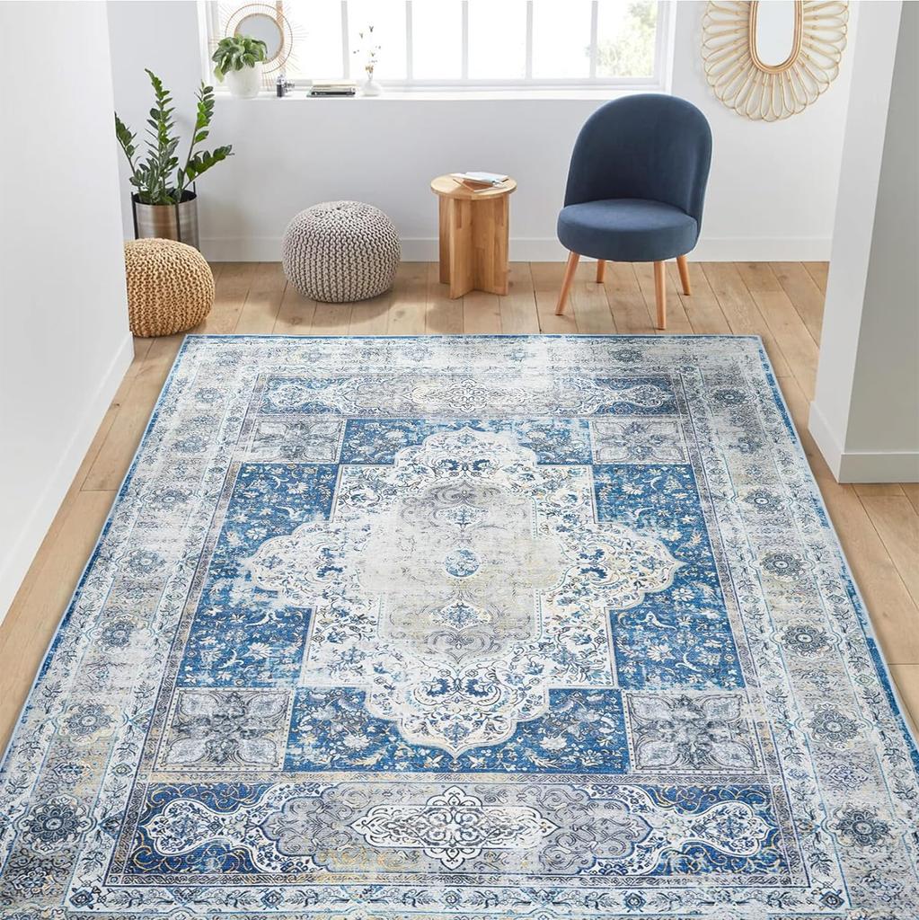 Vintage Area Carpet for Living Room Washable Rugs Rug for Kitchen Bedroom Dinning No Pile Non Slip Green Teal Multi Decorate