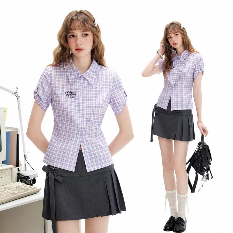 UNIFREE Women's Embroidered Plaid Short Sleeve Shirt