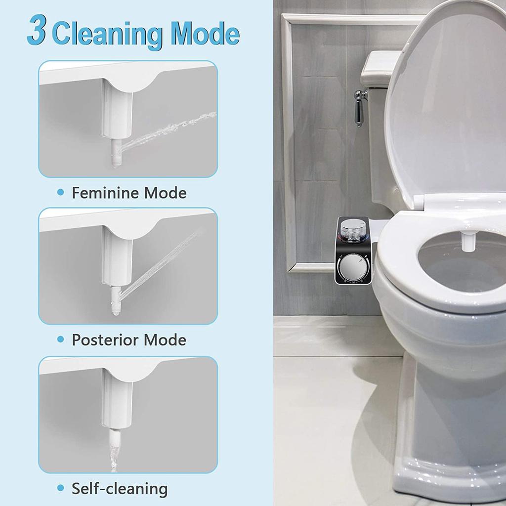 Bidet toilet seat attachment non-electric self-cleaning double nozzle adjustable water pressure hot and cold warm water