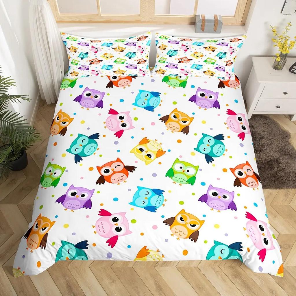 Kids Cartoon Garden Bed Set Cute Owls Comforter Cover, Chic Tree Butterfly Duvet Cover Full Queen White Daisy Floral Bedding Set