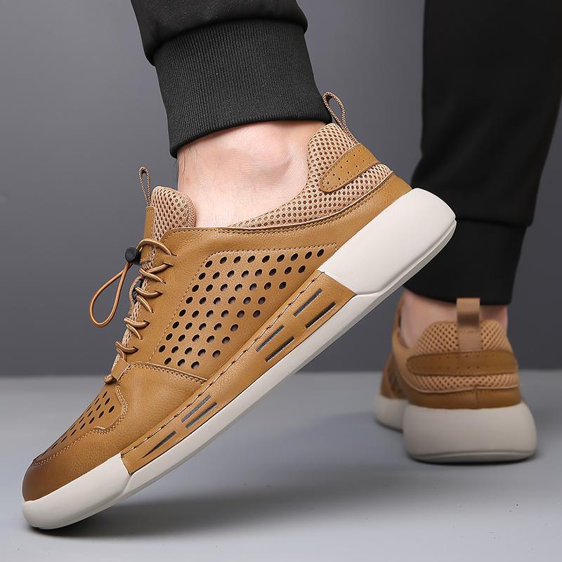 Fashion Summer Men's Hollow Breathable Leather Boots Outdoor Flat Bottomed Comfortable Sports Shoes Fashionable and Casual Oxford Shoes
