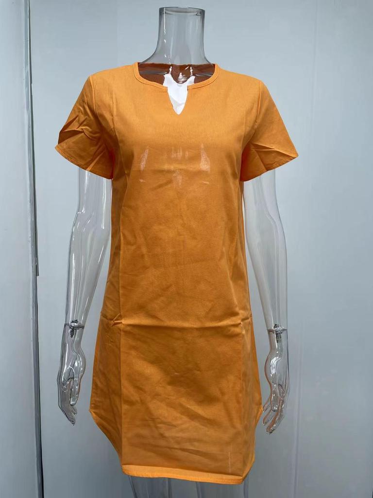 2025 Summer Solid Color V-Neck Cotton Linen Short Sleeve Dress for Women
