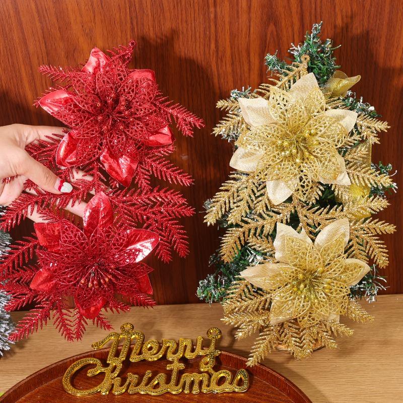 10/1x Christmas Flowers Red Gold Silver DIY Garlands Glitter Artificial Poinsettia Floral Xmas Tree Ornaments Insertion Branch