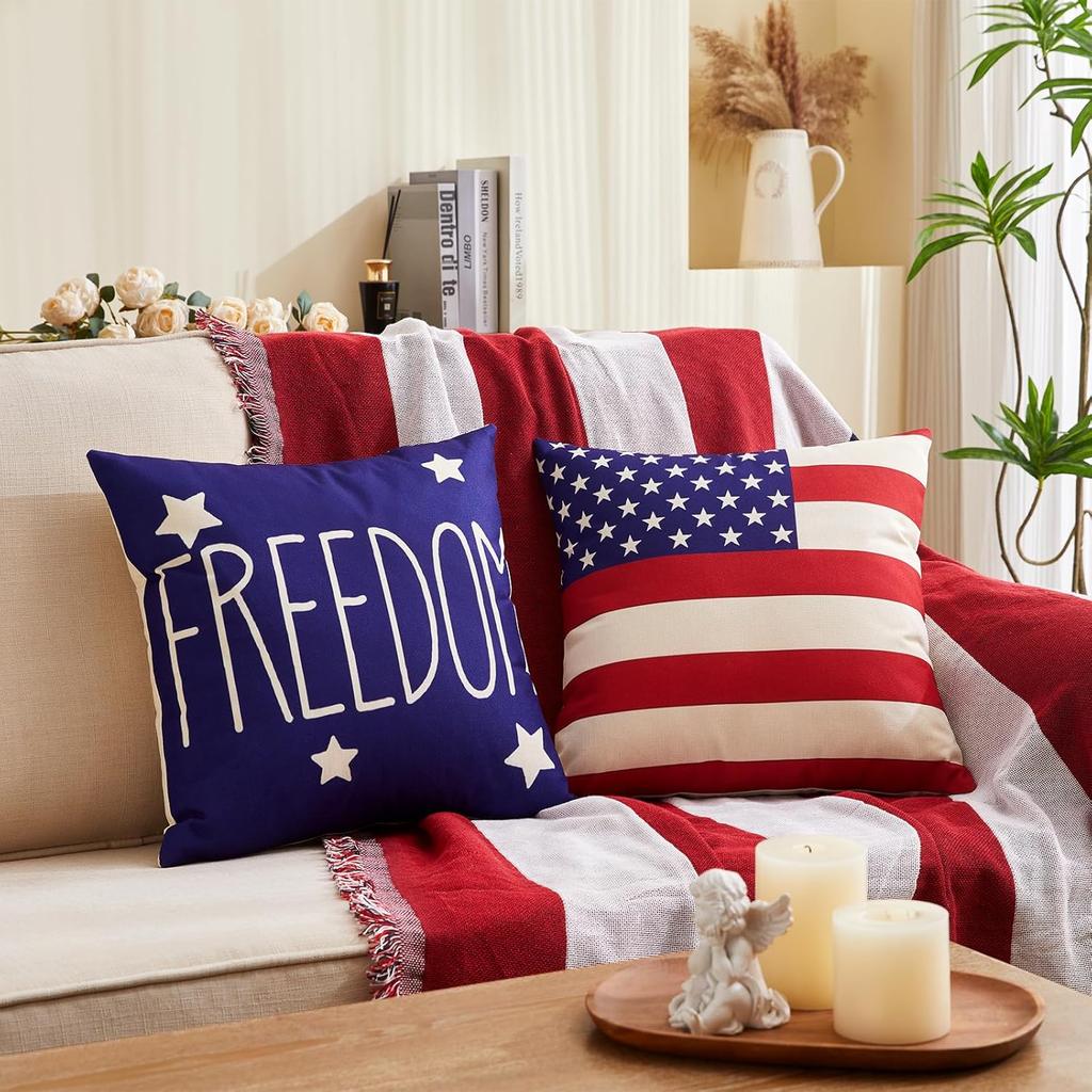 4Th Of July Pillow Covers, Red White Blue Summer Outdoor Throw Pillow Covers, Day Usa Flag Linen Fourth Of July Cushion