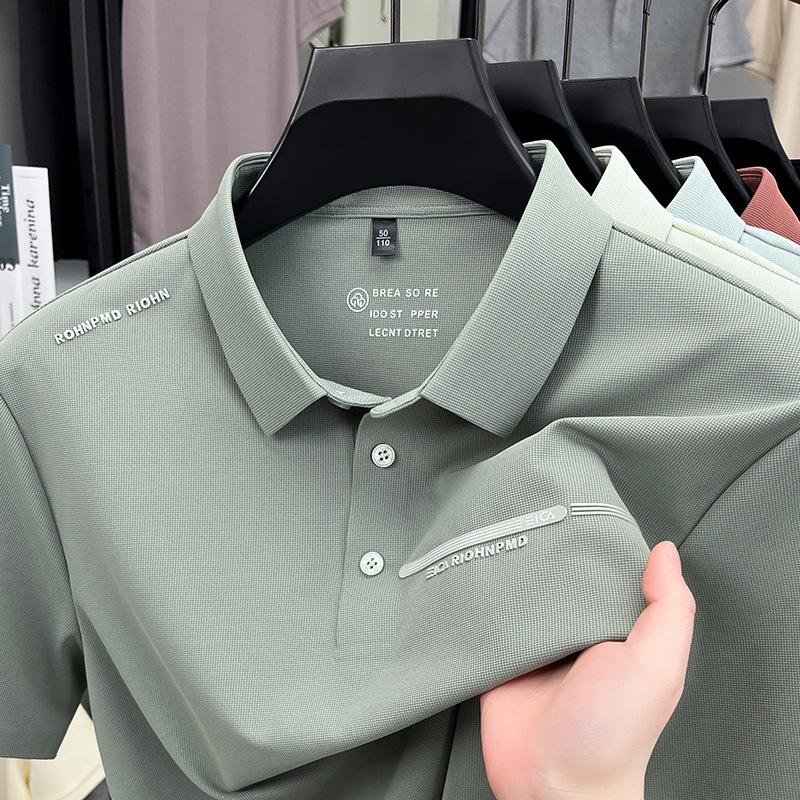 Brocade Ammonia Ice Silk Seamless Polo Shirt Men'S Short-Sleeved T-Shirt Lapel Casual Solid Color Hem Split