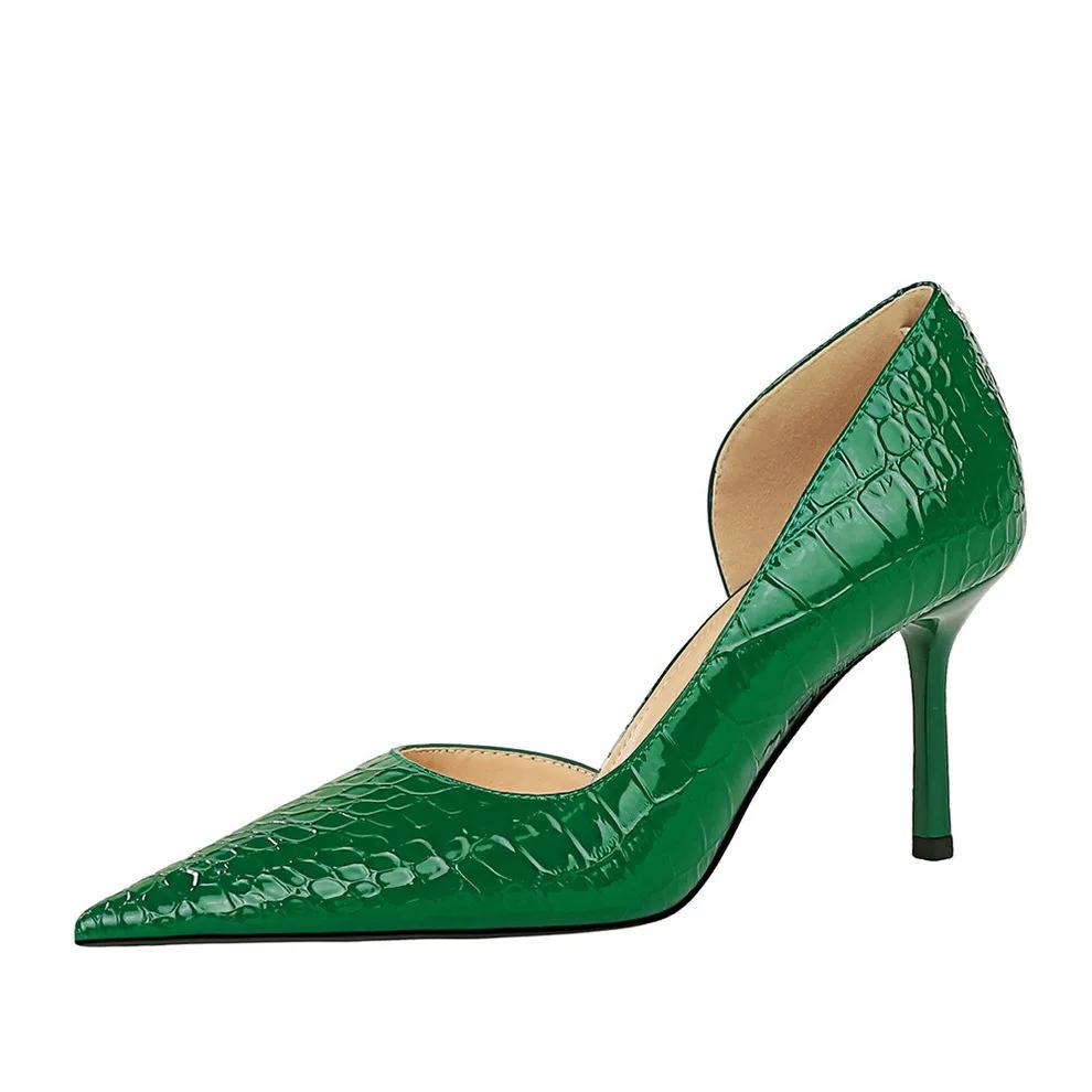 Fashion Women 8cm High Heels Stiletto Pumps Pointed Toe Shallow Side Hollow Lady Serpentine Patent Leather Wedding Evening Party Shoes