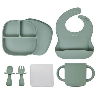 Lalabee Babynahrungsgeschirr-Set, 4 Stück, grün, Saugteller + Kinderlöffel-Gabel-Set + Silikonbecher + Lätzchen, beliebte koreanische Elternartikel