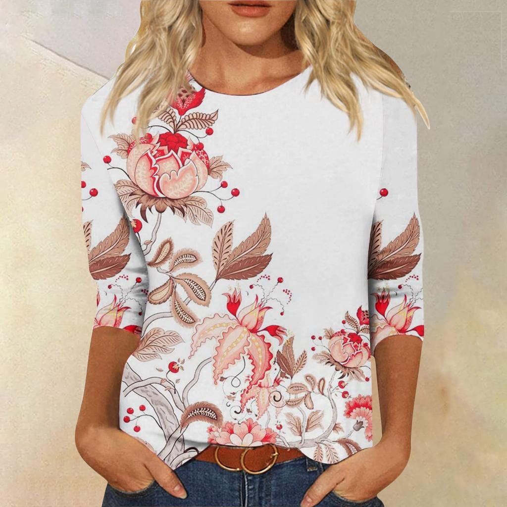 Vår och Höst Rundhals Blommönster 3D Kreativ Personlig Färgglad Tryckt Topp Trendig Casual Långärmad Dam T-shirts