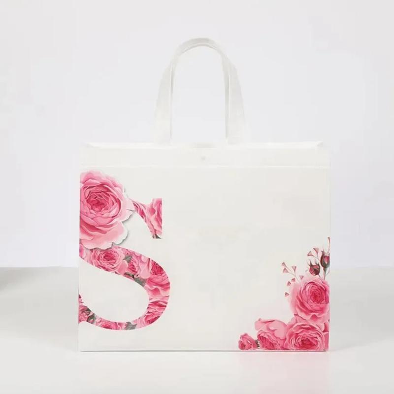 10PCS Rose Printing Packaging Shopping Bag Handle Waterproof Non Woven Fabric Gift Bags Black Clothing Store HandBag