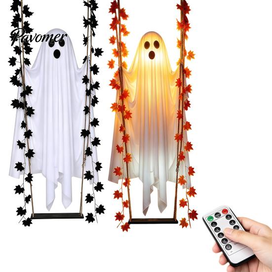 Autumn Garden Landscaping Props Halloween Hanging Swing Ghost Decoration with Maple Leaf, LED Lighted Large Spooky Funny White Ornament Swinging