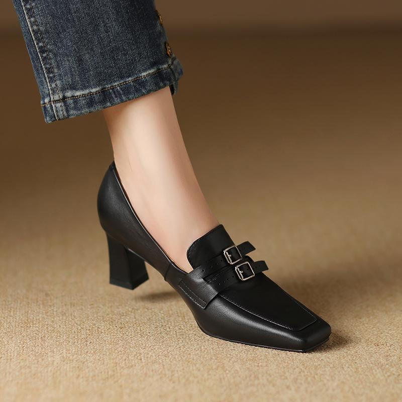 Fashion Women's Shoes Genuine Leather Shoes High Heel Fashion Retro Elegant Square Toe Comfort Casual Shoes Woman Commute Office Pumps