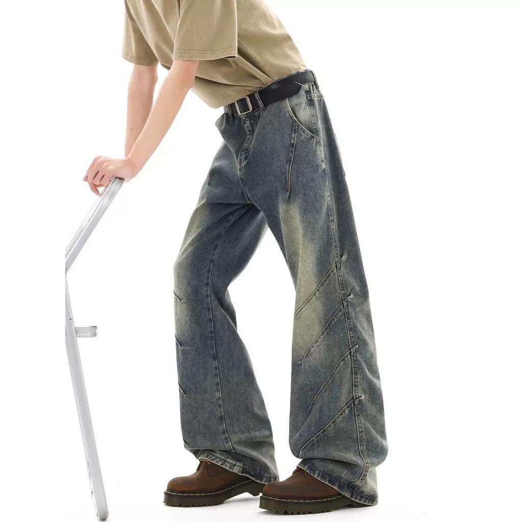 Trendy brand pleated wide-leg pants high street boys design micro-pull denim new loose pants retro American washing