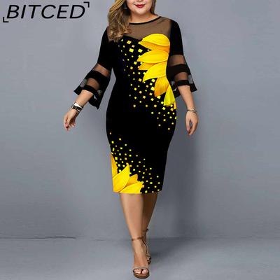 Women Digital Print Mesh Patchwork Bodycon Dress Elegant Fitted Mid-Calf Flare Sleeve Wedding Party Dress