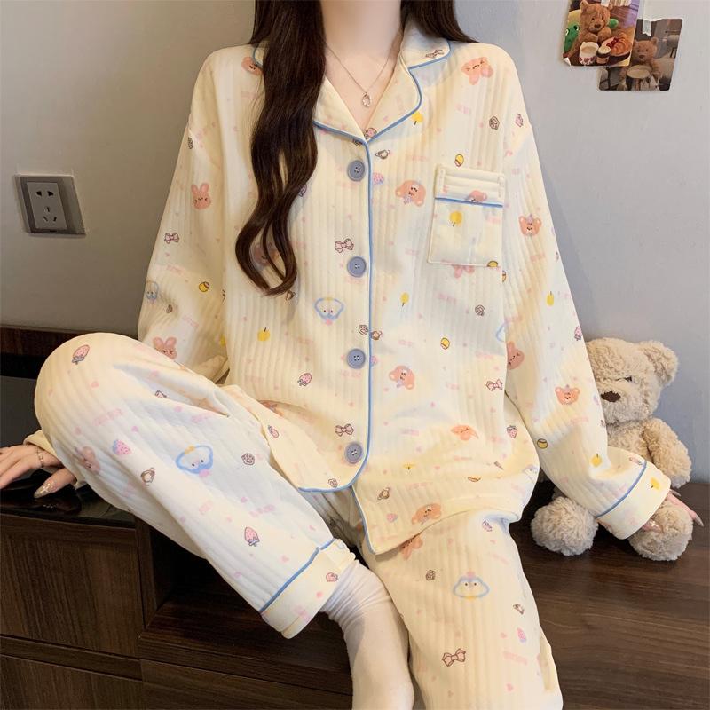 Air cotton pajamas women's autumn and winter long sleeves thickened interlayer warm stars cat student loungewear real shot