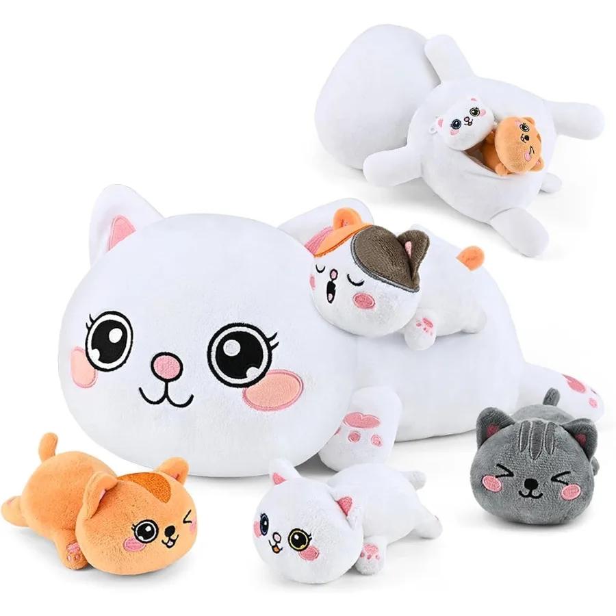 

Мягкая плюшевая игрушка-мама-кошка с 4 котятами внутри. Идеальный подарок для детей от 0 до 8 лет. Рождественский подарок, подарок на день рождения United States