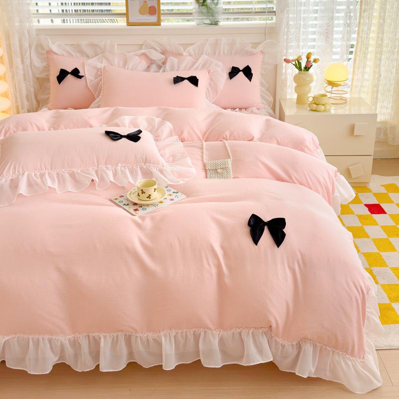 Class A Maternal And Infant Grade Girl Wind Princess Wind Seersucker Bed 4Pcs Set Of Bubble Cotton Lace Four Pieces