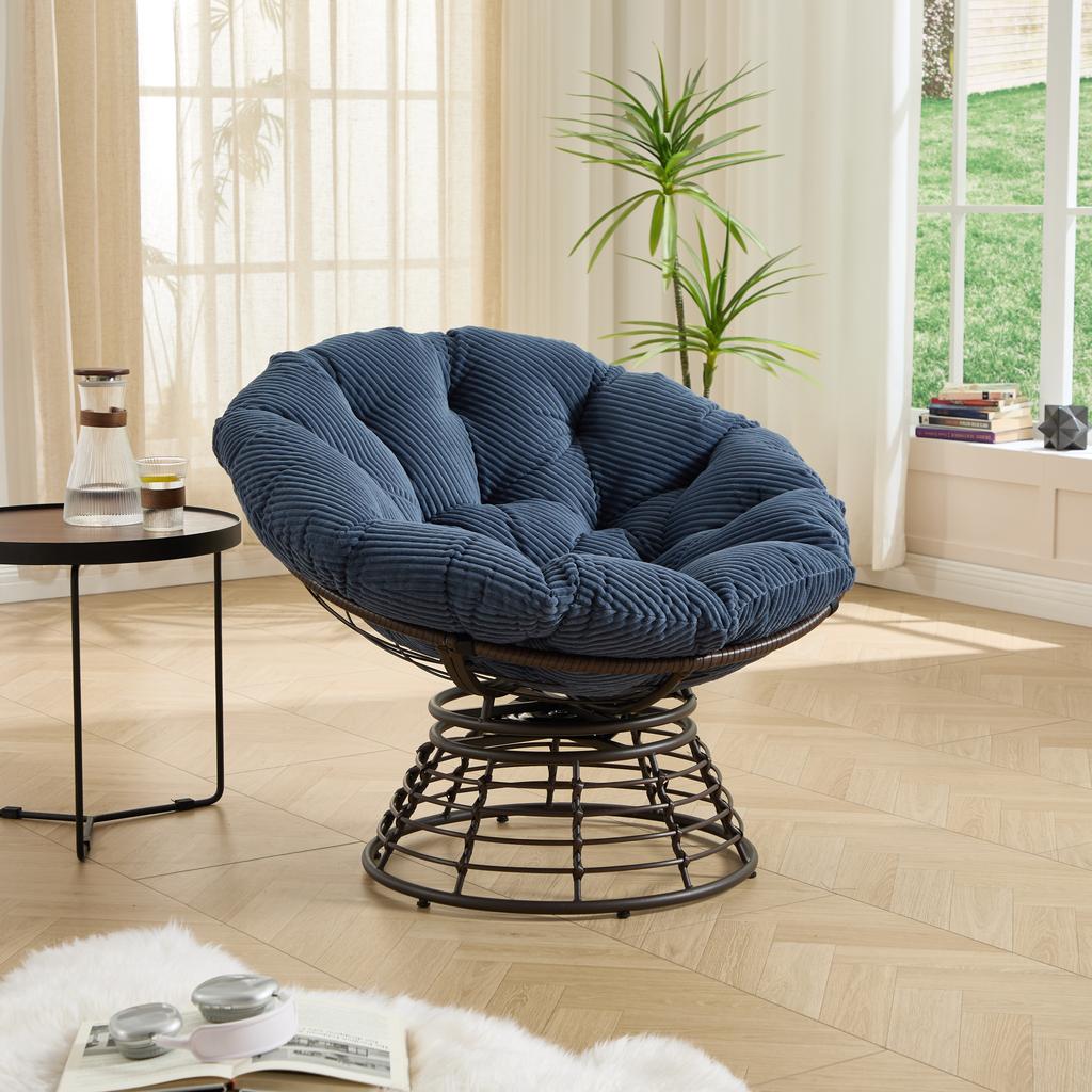 Comfortable Wicker Papasan Chair, 360 degrees Swivel Indoor Outdoor with Soft Thick Cushion, Ideal for Living Room, Brown Frame