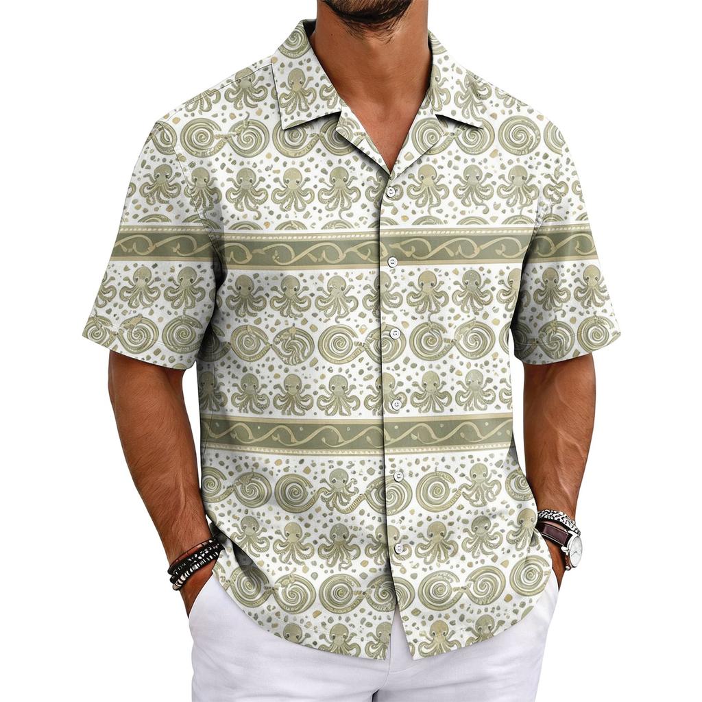Men's Summer Short Sleeve Cuban Collar Shirt Casual Button Down Lightweight Breathable Fabric Beachwear Shirt