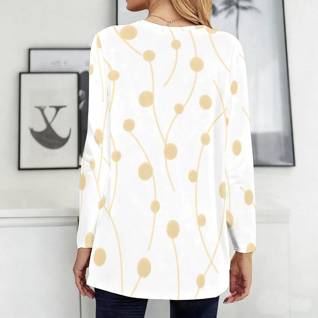Women Plus Size Round Neck Long Sleeve Black Gold Green Printed Longline T Shirt With Pockets