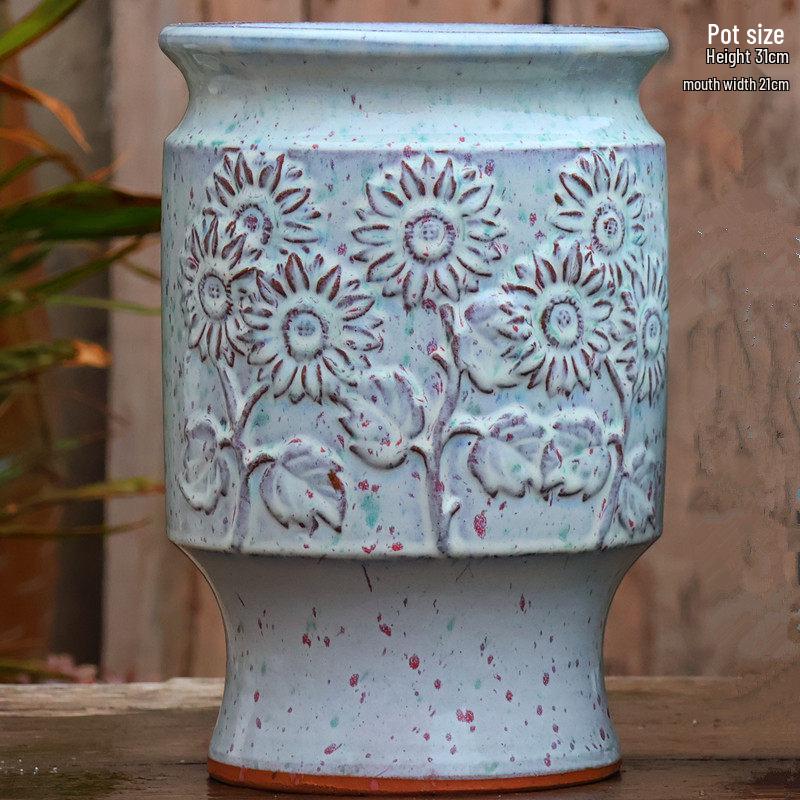 Handmade Embossed Rose Ceramic Succulent Pot, Tall Breathable Coarse Pottery, Large Mouth Plant Pot with Flower Design.