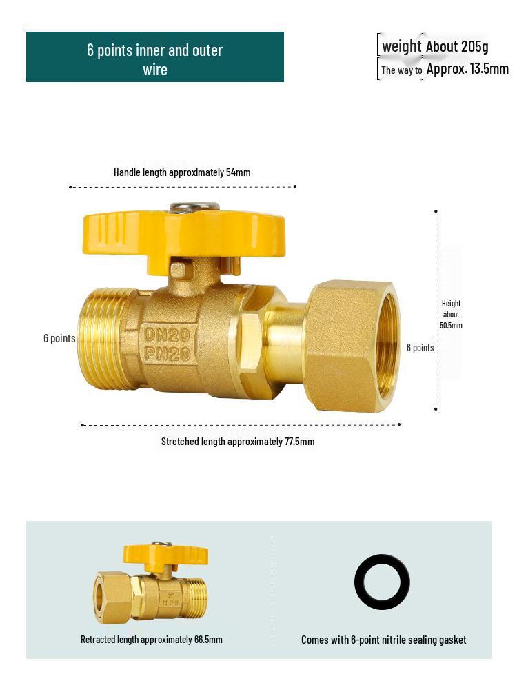 Full Copper Water Heater Union Ball Valve, Male/Female Thread, 6 to 4 Points Large Flow for Wall-Hung Boiler