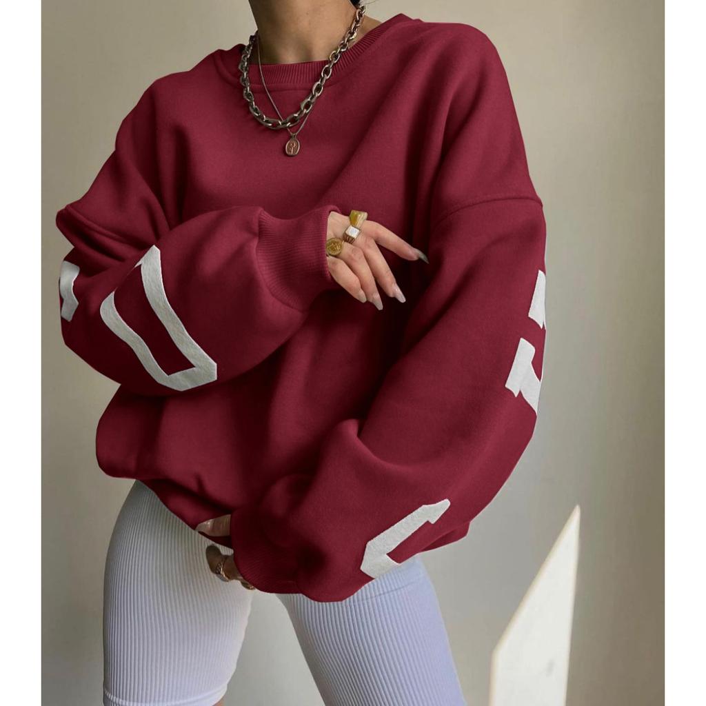 Damen Crew-Neck Langarm Oversized Sweatshirt Lockerer Schnitt Winter Buchstabenprint Pullover Top