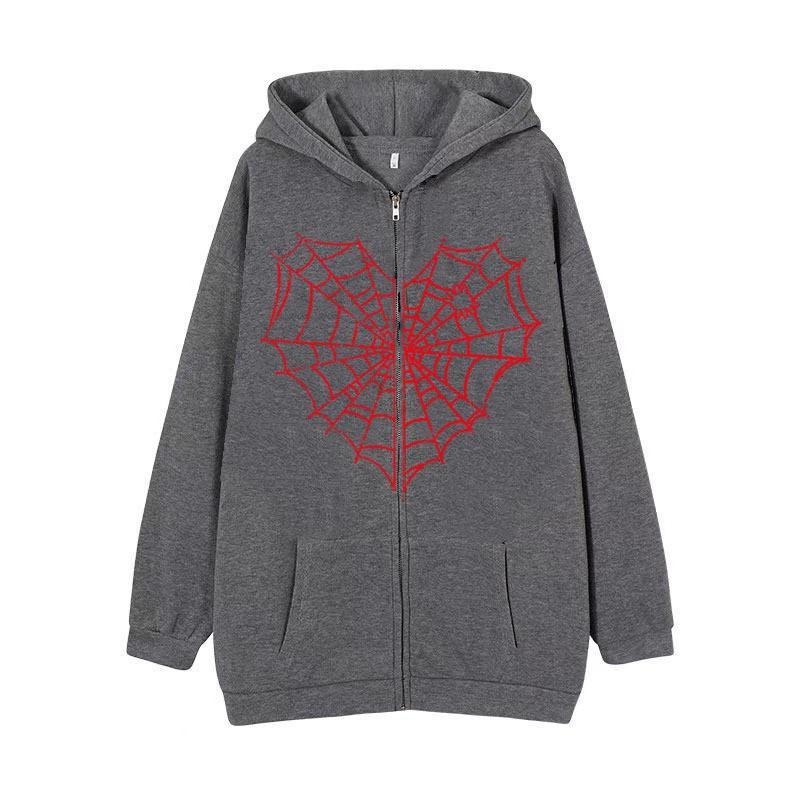 Colorful Spider Web Print Zip Up Hoodie Loose Fit Streetwear Y2K Couple Outerwear