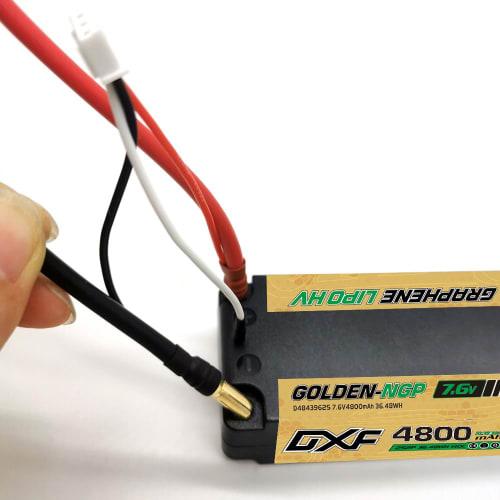 DXF LiPo Battery, 2S Short LiPo 7.6V 140C 4800mAh, Gold HV Hard Case, NGP, with 5mm Ball. Features a T-plug, Perfect for RC Cars, Trucks, Airplanes, a