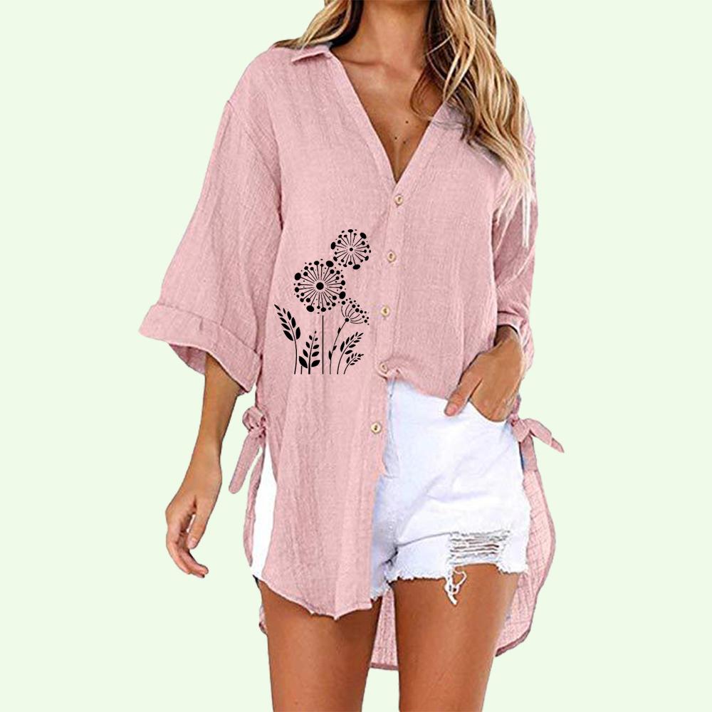 Women Print Buttoned-down Shirt Summer&autumn Fashion Half Sleeve T-shirt Ladies Casual V Collar Top Loose Long Blouses