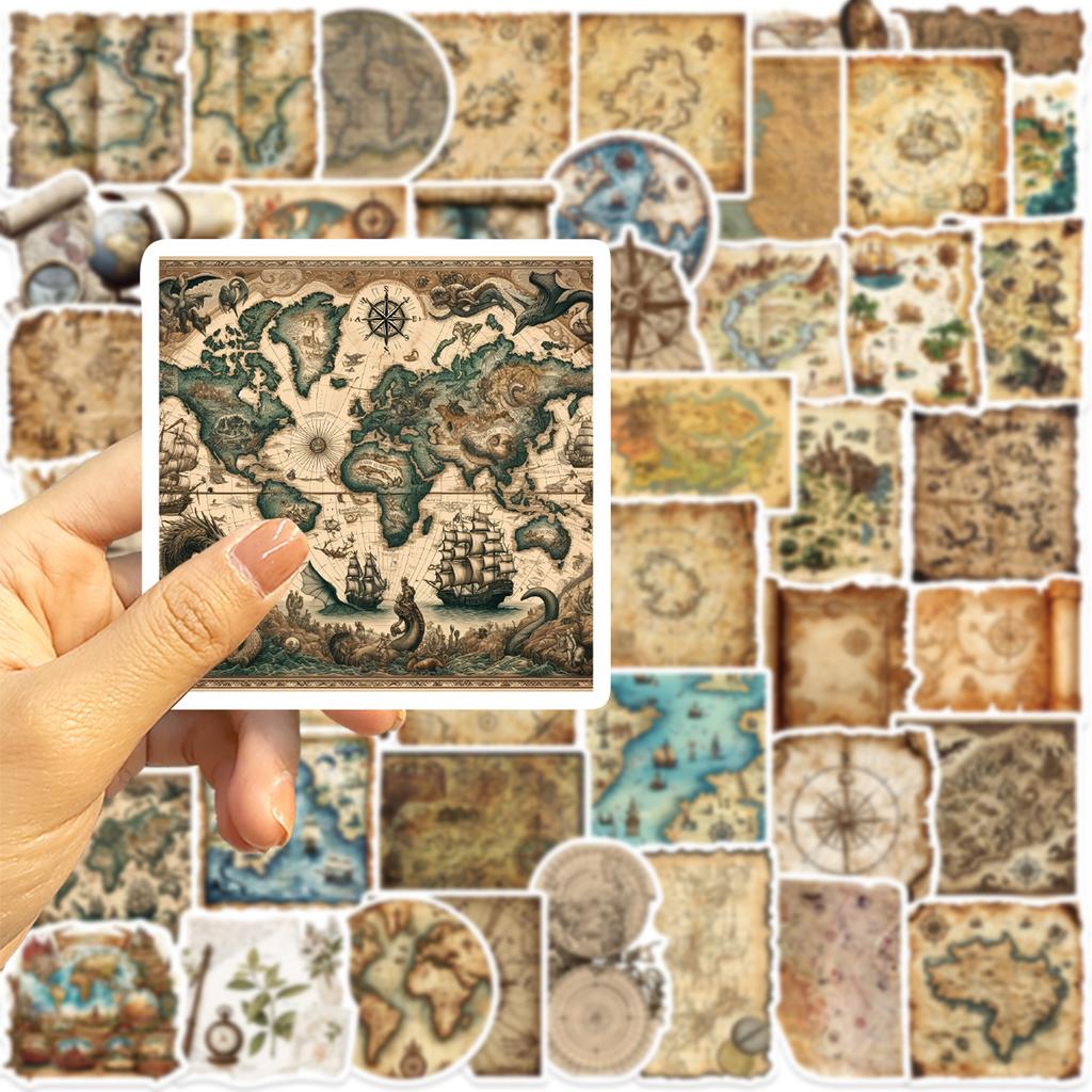 50 World Map Stickers, Maritime Exploration Compass Elements, Waterproof Handbooks, Luggage Box DIY Stickers