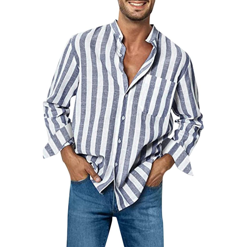 Men's Fashion Casual Pocket Striped Button Long Sleeve Top T Shirt Shirt
