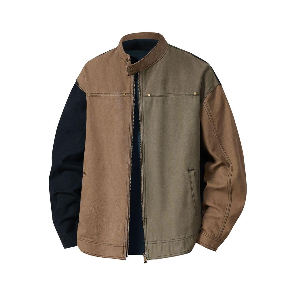 Men's American Retro Patchwork Harrington Jacket - Heavy-Duty, Loose Fit, Autumn/Winter 2025, Color Block Trendy Workwear