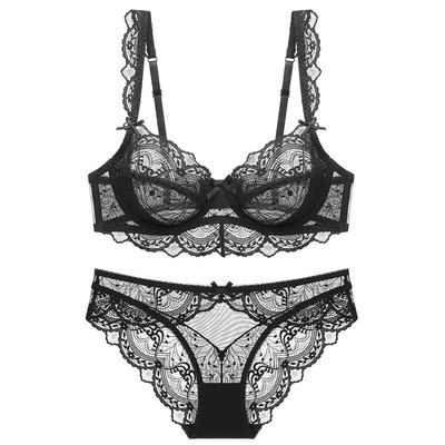 [Guoeappa] Attractive Sexy Lingerie Set for Women: Lace See-Through Lingerie, Unpadded, Sheer Bra and Panties Set (Black, 90F)
