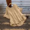 Women Tops Round Neck Short Sleeve Loose Fit Pullover Tops Pure Color Ruffle Hem