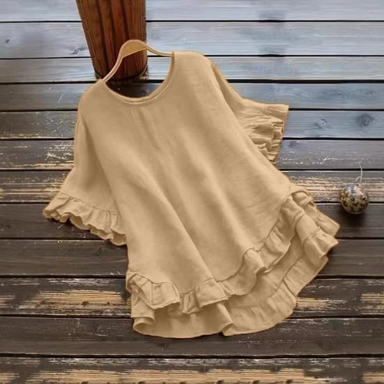Women Tops Round Neck Short Sleeve Loose Fit Pullover Tops Pure Color Ruffle Hem