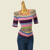 Square Collar Rainbow Fall and Winter Inner Wear-Sleeve Wool T-shirt