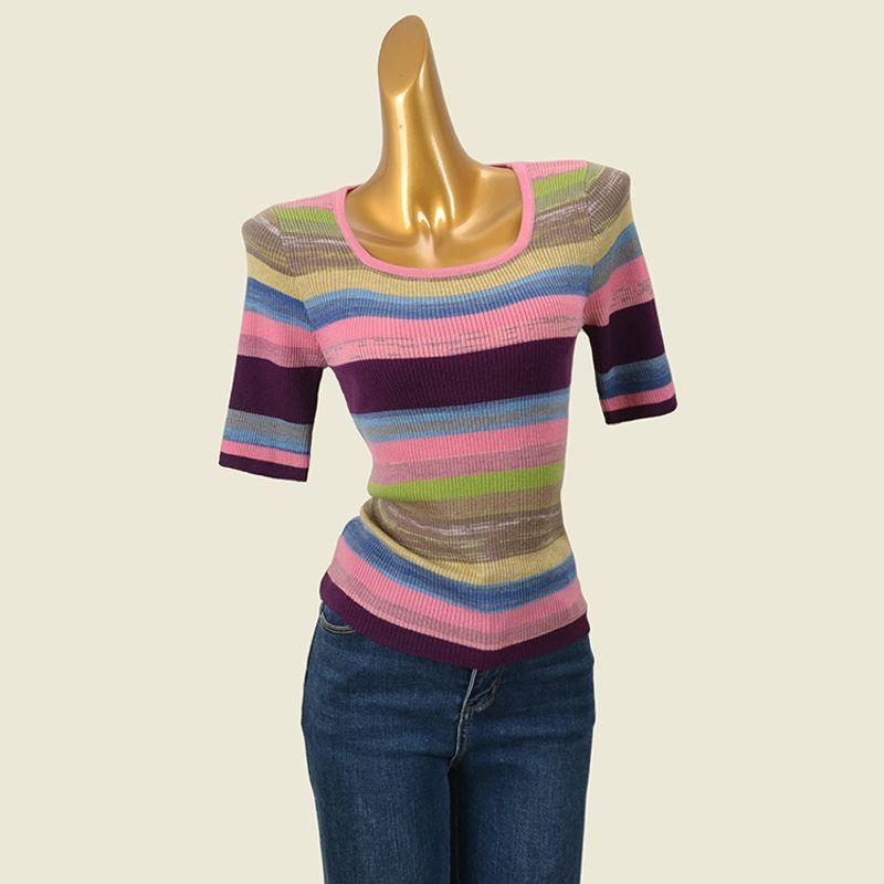 Square Collar Rainbow Fall and Winter Inner Wear-Sleeve Wool T-shirt