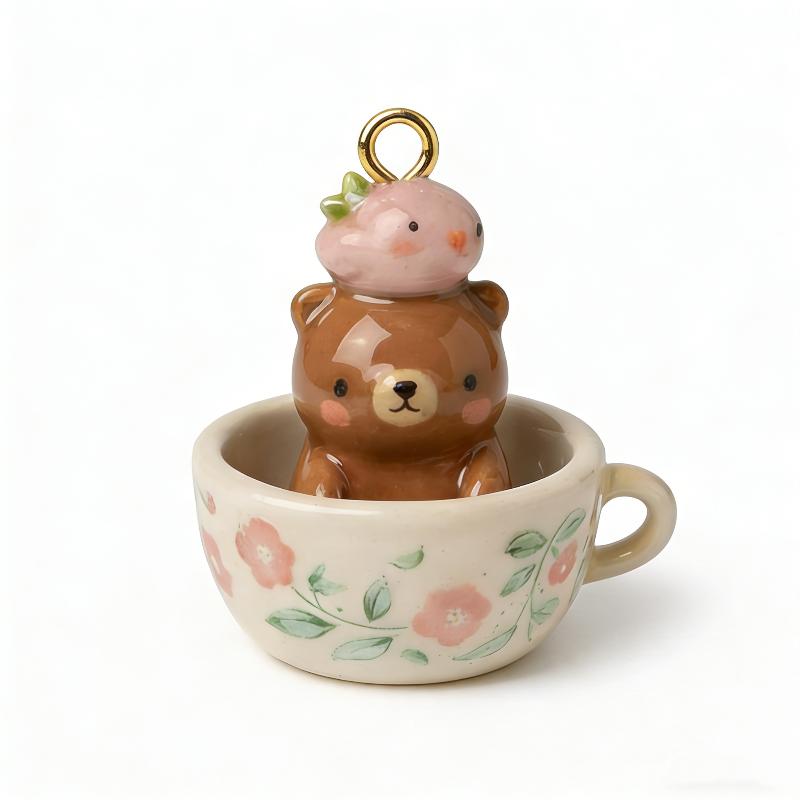 Aesthetic 3D Animal in Tea Cup Pendant Necklace Cute Rabbit Kitten Charms Creative DIY Jewelry Set Birthday Gift for Students
