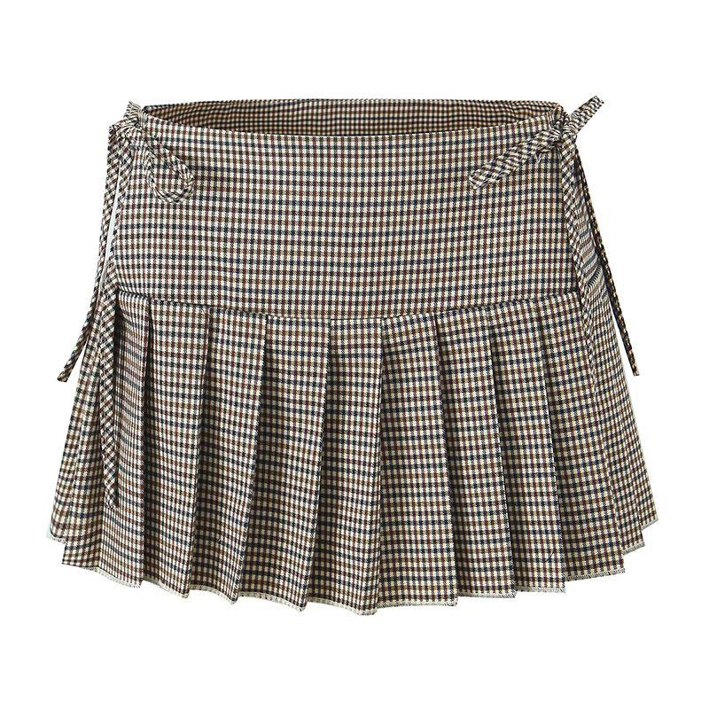 Silence Noise Sweet Cool Style Sexy Waist Tether Plaid Pleated Skirt Fashion Tape Skirt