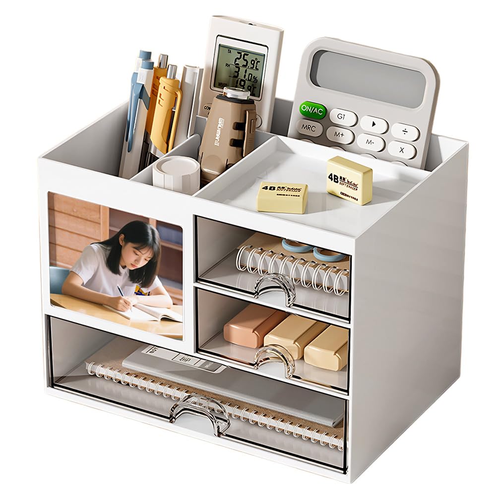 

Meewtun Desktop Storage Organizer with Drawers, Pen Holder, and Storage for Stationery, Cosmetics, and Small Items, Large Capacity, Stylish,