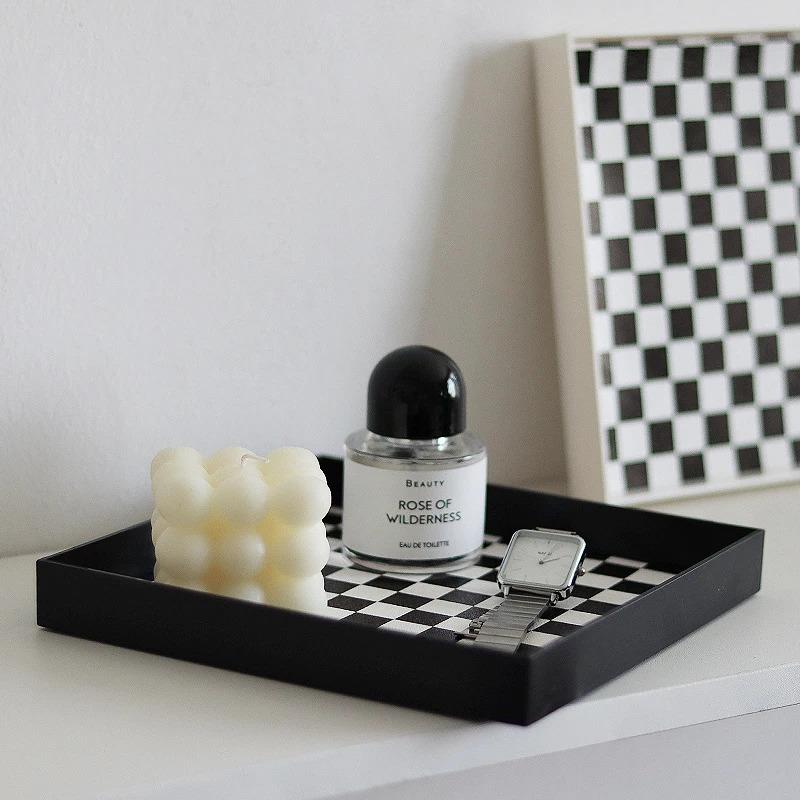 Square Crescent Shaped Storage Tray - Black And White Chessboard Desktop Tray, Moon Tray, Decorative Tray, Storage Box