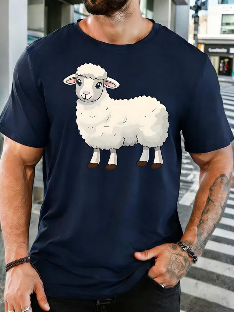 Unisexs Red Crew Neck Tee Lovely Fluffy White Lamb Cartoon Print Loose Summer Street Casual Daily Basic Short Sleeve Daily Wear Top