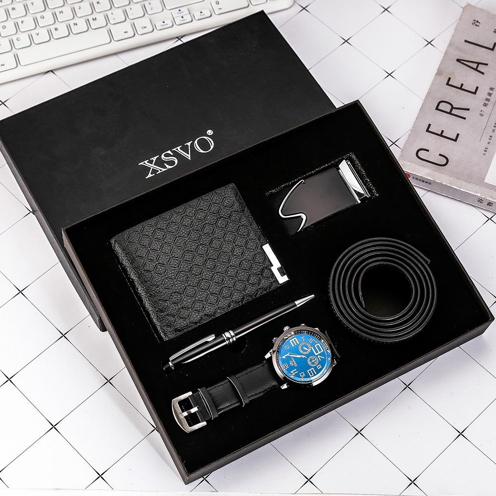 2Pcs/Set Men Fashion Leather Business Wristwatches and Bracelet Cow Leather Gift Box Set Hot Selling Design Man Watch чёрный