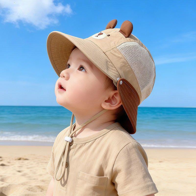 Baby Sommer atmungsaktiver Netz-Eimerhut mit abnehmbarem Nackenschutz großem Schirm Sonnenschutz niedliches Bären-Design für Jungen und Mädchen