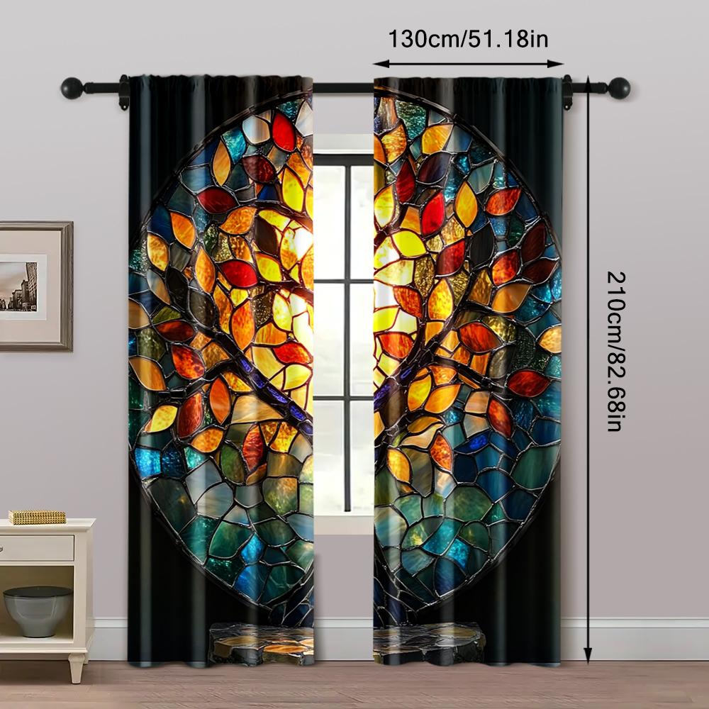 2pc,  Window Drapes Color Mosaic Tree Art 100% Polyester,Without Electricity Family Party Decoration Perfect for Holiday