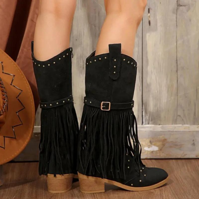 Autumn and Winter Women Pointed Toe Fringes Thick Heel High Boots Plus Size Fashion Retro Rivet Belt Buckle Zipper Mid-Calf Boot