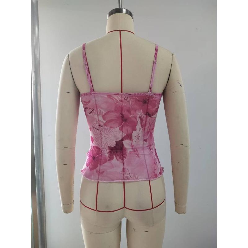 Women's New Printed Camisole Lace Waist Cinching Tank Top